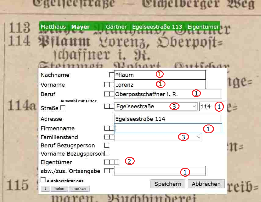 Erfassungsfenster, in dem alle Varianten vorkommen und durchnumeriert sind