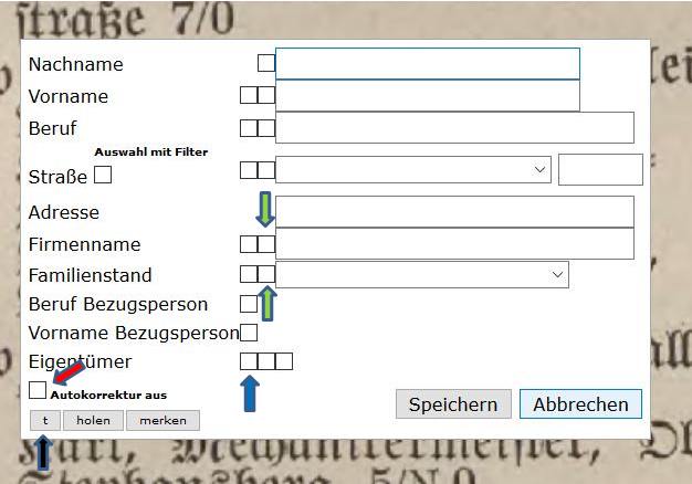Erfassungsfenster mit Nummerierung der einzelnen Komfort-Funktionen